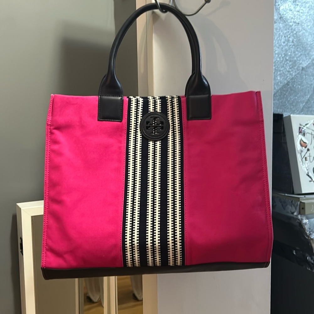 Tory Burch Ella stripe canvas tote bag , Pink